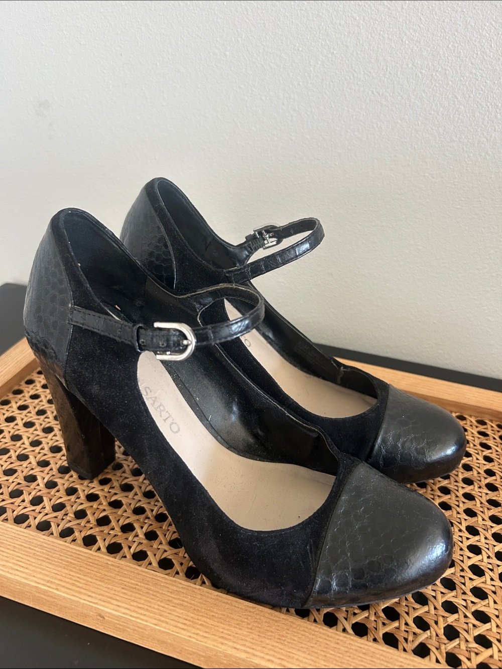 Franco Sarto Black Mary Jane Block Heels with Textured Toe